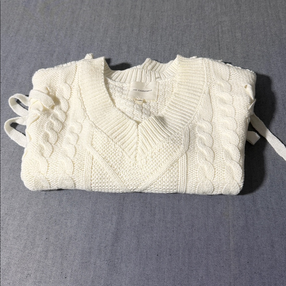 No Comment Cable Knit Sweater M Cream Lace Up Boho Scalloped Hem Acrylic F - 20 - Picture 6 of 7